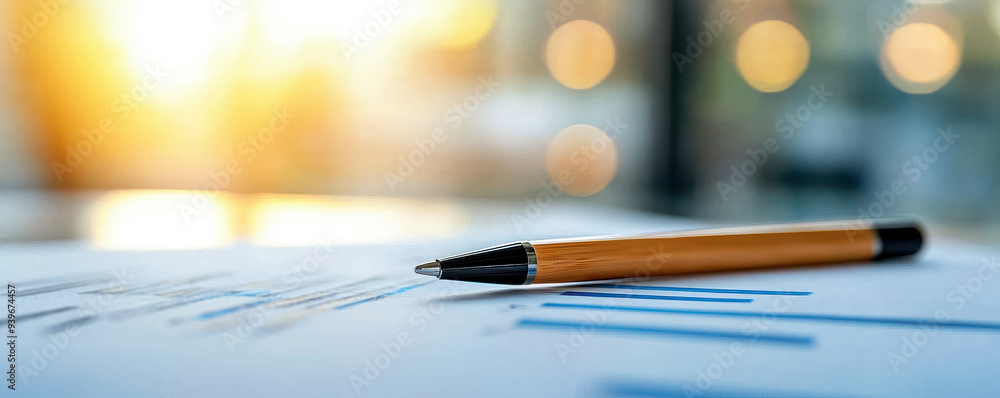 Poster close-up of a pen resting on a document with soft bokeh background, perfect for business and writing