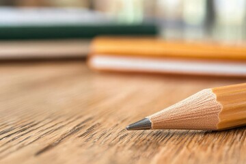 Obraz premium Close-up of a sharpened pencil resting on wooden surface, surrounded by notebooks, perfect for creativity and education themes.