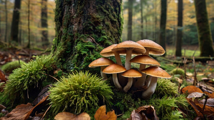 Cluster of mushrooms growing on mossy forest floor, surrounded by autumn leaves in natural light.