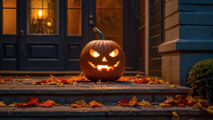 Glowing Jack-o'-lantern on porch steps, surrounded by autumn leaves, symbolizing Halloween night