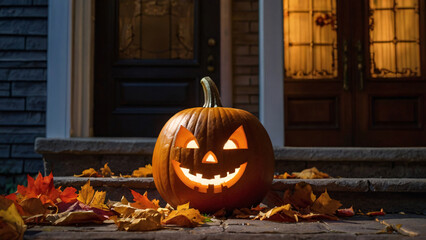 Glowing Jack-o'-lantern on porch steps, surrounded by autumn leaves, symbolizing Halloween night