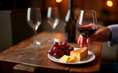 Hand holding wine glass, with cheese and grapes on a rustic table, set for a cozy evening