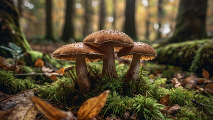 Cluster of mushrooms growing on mossy forest floor, surrounded by autumn leaves in natural light.