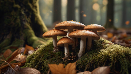 Cluster of mushrooms growing on mossy forest floor, surrounded by autumn leaves in natural light.