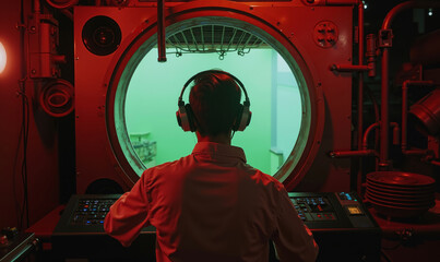 A man wearing headphones sitting in front of a red light