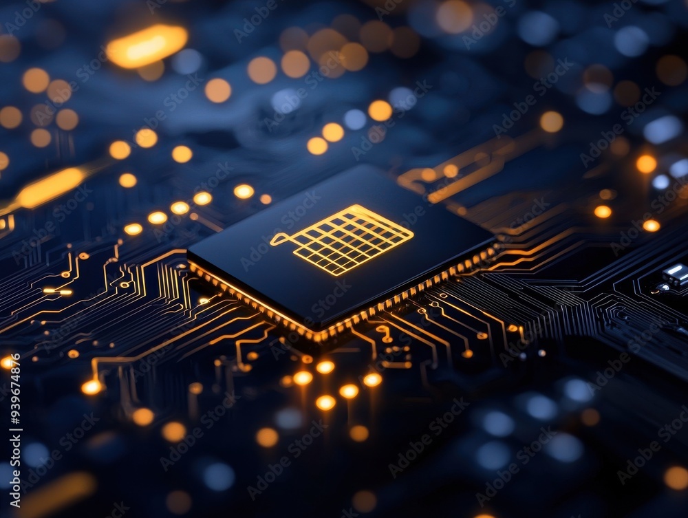 Poster close-up view of a modern microchip on a circuit board, showcasing intricate details and luminous co