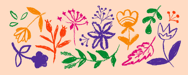 Collection with hand drawn colorful flowers and leaves. Charcoal drawing flowers,  leaves and small branches. Flower silhouettes painted with charcoal, artistic botanical ornament.