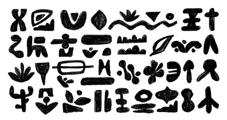African, aztec pattern elements, symbols, icons, hand-drawn in doodle style. Set of abstract African tribal geometric shapes, ancient ethnic traditional symbols and ornate signs.
