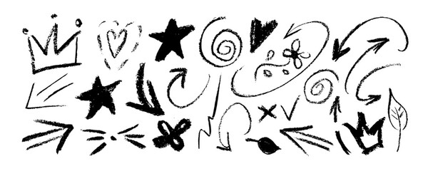 Hand drawn doodle scribble set, various brush strokes, arrows, crowns and squiggles. Crayon underlines and marker doodle rough scratches. Grunge smears and rough crayon strokes, circles, crosses, 