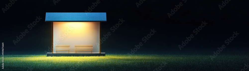 Aufkleber a modern bus stop illuminated at night, surrounded by dark grass, creating a tranquil and inviting a