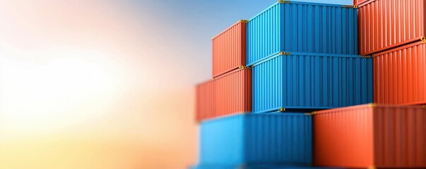 Colorful shipping containers stacked against a soft sunset backdrop, representing logistics and global trade.