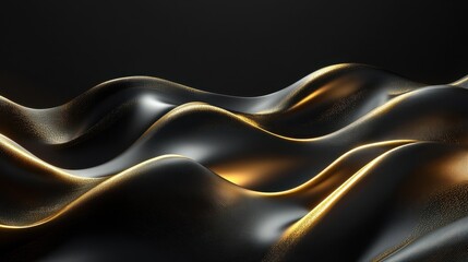 Obraz premium Abstract waves with a glossy black surface and golden highlights.