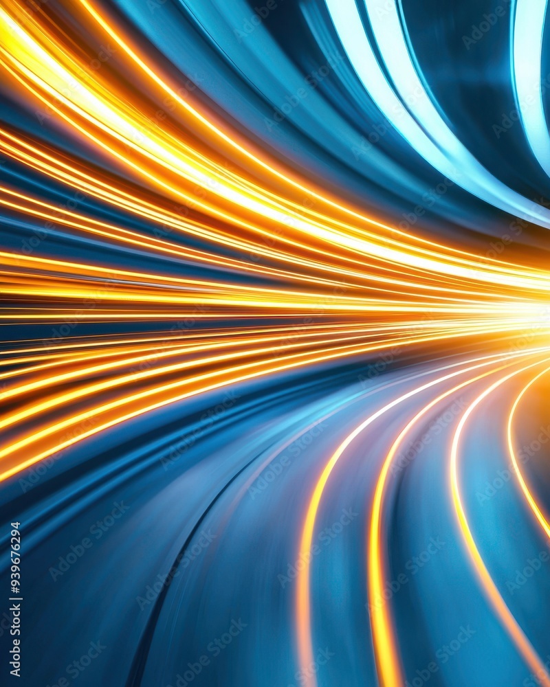 Poster dynamic light trails in vibrant blue and orange create a sense of speed and motion in this abstract 