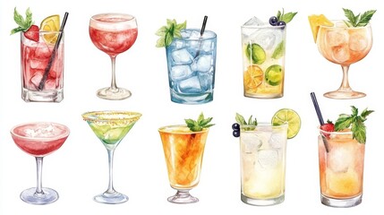 Cocktails set. White background. Watercolor illustrations