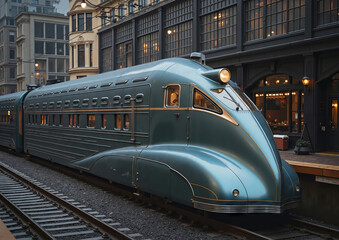 Fototapeta premium A blue train traveling down train tracks next to a building