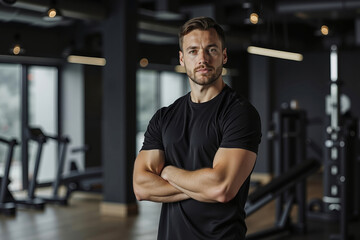 Fototapeta premium A man standing in a gym with his arms crossed