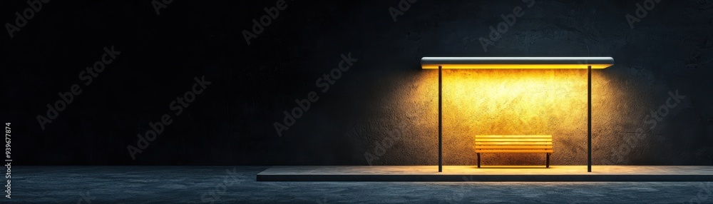 Poster a modern bus stop illuminated by warm light, set against a dark background, creating a striking visu
