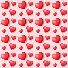 A vibrant seamless pattern of of three-dimensional red hearts scattered on a soft pink background, perfect for decoration or design purposes