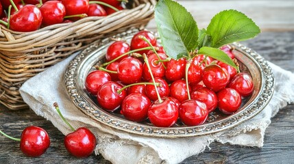    cherries on a napkin on a table