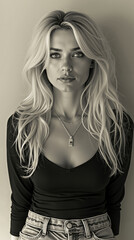 Naklejka premium A woman with long blonde hair wearing a black top and jeans