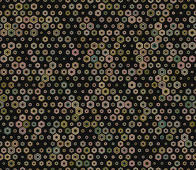 Geometric mesh background. Multicolored geometric elements of varied size. Stacked hexagon bold mosaic cell. Hexagon shapes. Tileable pattern. Seamless vector illustration.