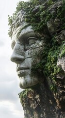 Fototapeta premium Stone Face Emerging from Overgrown Cliff