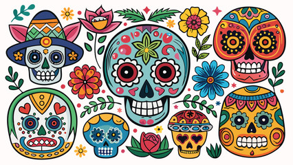 Hand drawn flat die de Muertos landscape skulls collection, Decorated Mexican skulls. Vector illustration.
