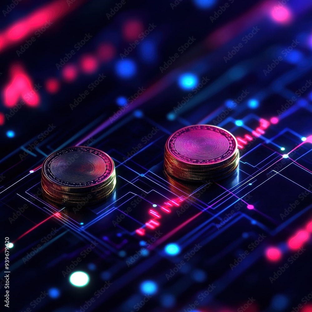 Poster close-up of two coins on a futuristic digital circuit board with colorful neon lights, representing 