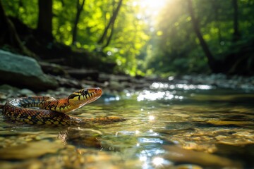 Obraz premium A snake is in the water, looking up at the camera, generative ai image