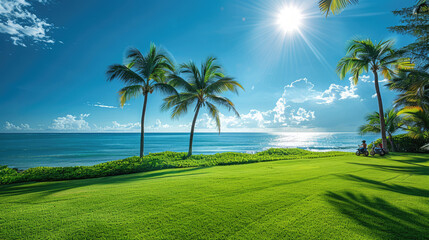 PGA TOUR golf course view with palm trees on the beach in Hawaii green golf course on tropical island with palm trees on california coast under the blue sunny sky  © kora studio