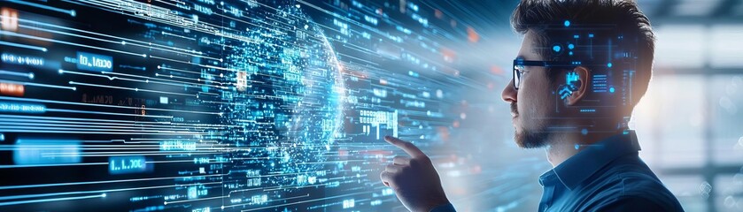 A cybersecurity expert manipulating a holographic cloud interface