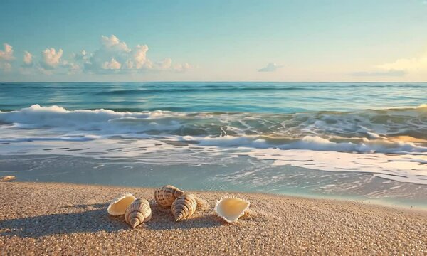 three seashells on a sandy beach near the ocean