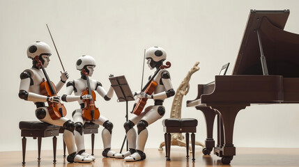 Fototapeta premium A group of robots playing violins in front of a piano