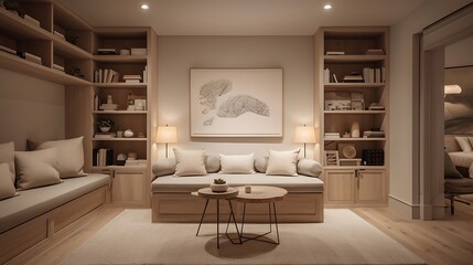 Fototapeta premium A tranquil reading nook featuring cozy seating and soft lighting 