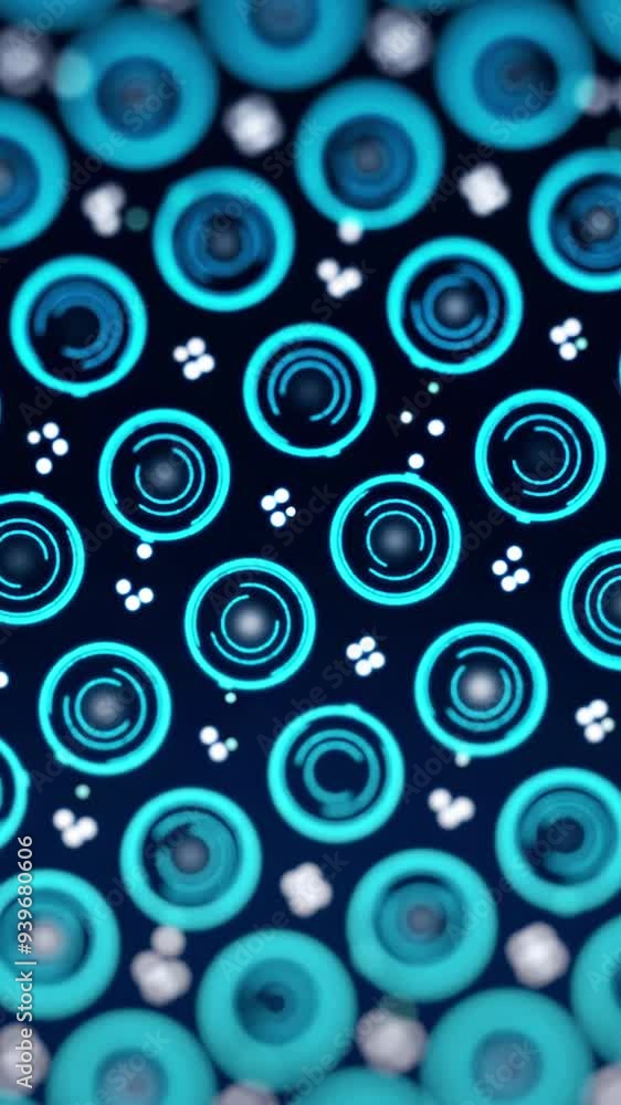 Poster texture with many small, digital spinning blue circles and moving dots on dark blue background. clos