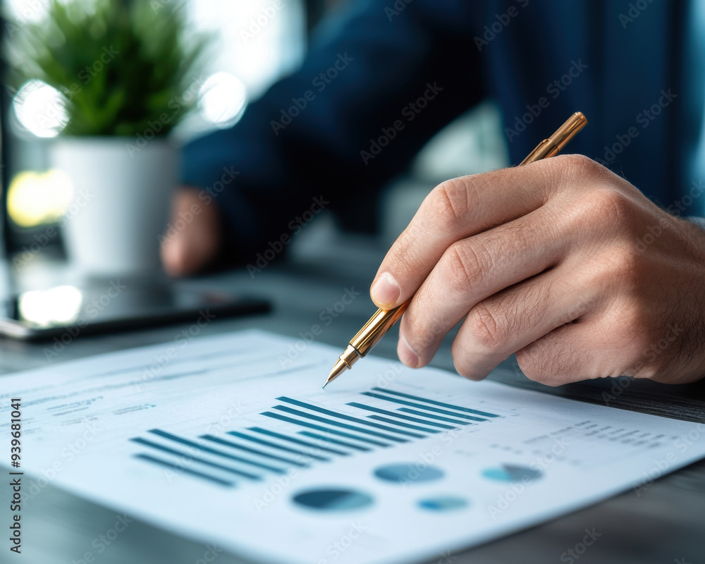Poster a business professional analyzes financial data with charts and graphs, reflecting on strategies and