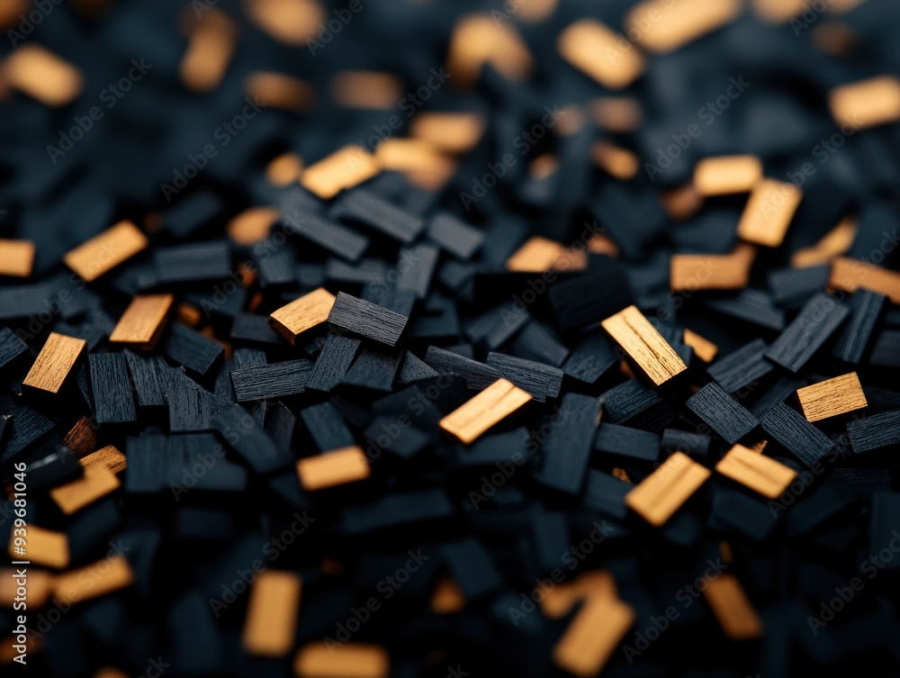 Poster close-up view of small black and gold rectangular pieces with a bokeh effect, perfect for background