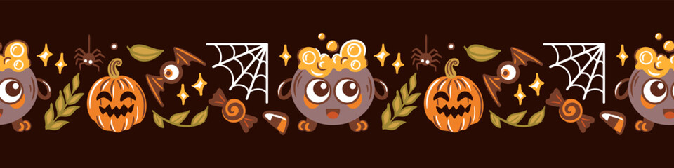 Cute Halloween themed illustration with fun pumpkins and playful witches cauldrons. Horizontal seamless border, kawaii style. For wallpaper, fabric, wrapping, background.