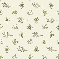 Seamless pattern with wildflowers and leaves. Vector hand drawn beige repeat background.