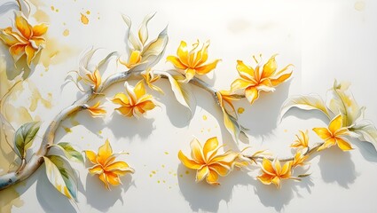 Tropical Yellow Flowers, Watercolor Botanical Illustration, Bright Floral Branch on White Background