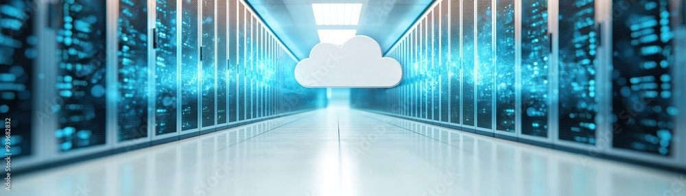 Poster a modern data center showcasing servers and cloud technology, representing advanced digital storage 