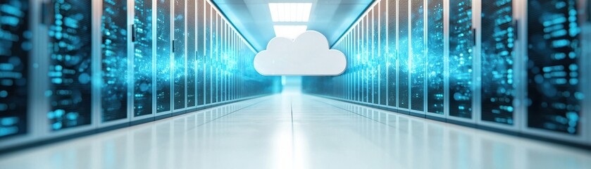 A modern data center showcasing servers and cloud technology, representing advanced digital storage solutions and connectivity.