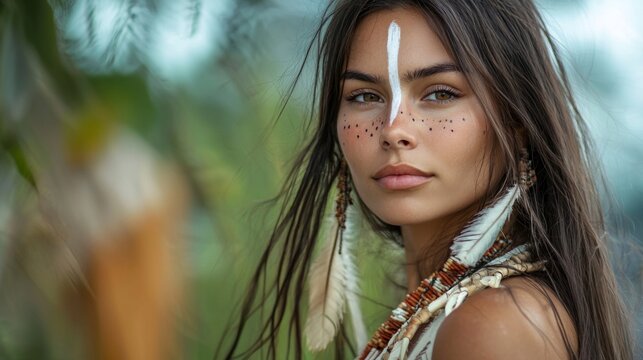 photo realistic of a beautiful woman, with subtle face paint indicating she is from a spiritual tribe.