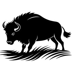 A bison charging through a windswept prairie.on white background