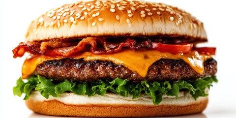 Delicious cheeseburger with bacon, lettuce, tomato, and cheese on a sesame seed bun. Mouthwatering burger perfect for fast food lovers.