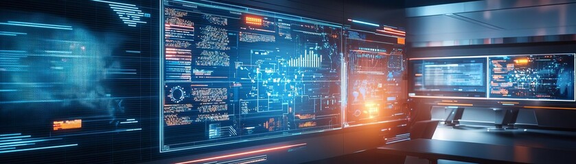 Obraz premium A hightech control room with multiple holographic screens displaying realtime cloud security threats and the creative measures taken to mitigate digital risks