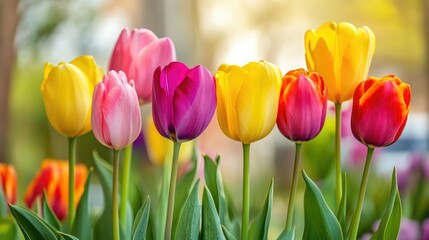 Obraz premium The beauty of spring with colorful tulips in a blooming garden.