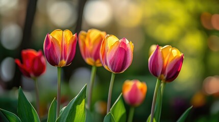 Fototapeta premium The beauty of spring with colorful tulips in a blooming garden.