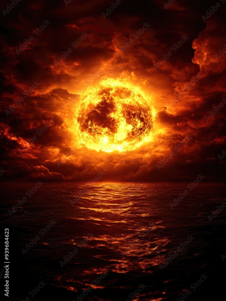 Poster dramatic fiery sunset over the ocean with intense clouds, creating a surreal and mesmerizing visual 