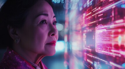 A woman is looking at a computer screen with a lot of numbers and symbols